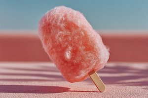 Pink cotton candy on a wooden stick standing upright on a pastel, a Holiday Photo by José Manuel Gelpi