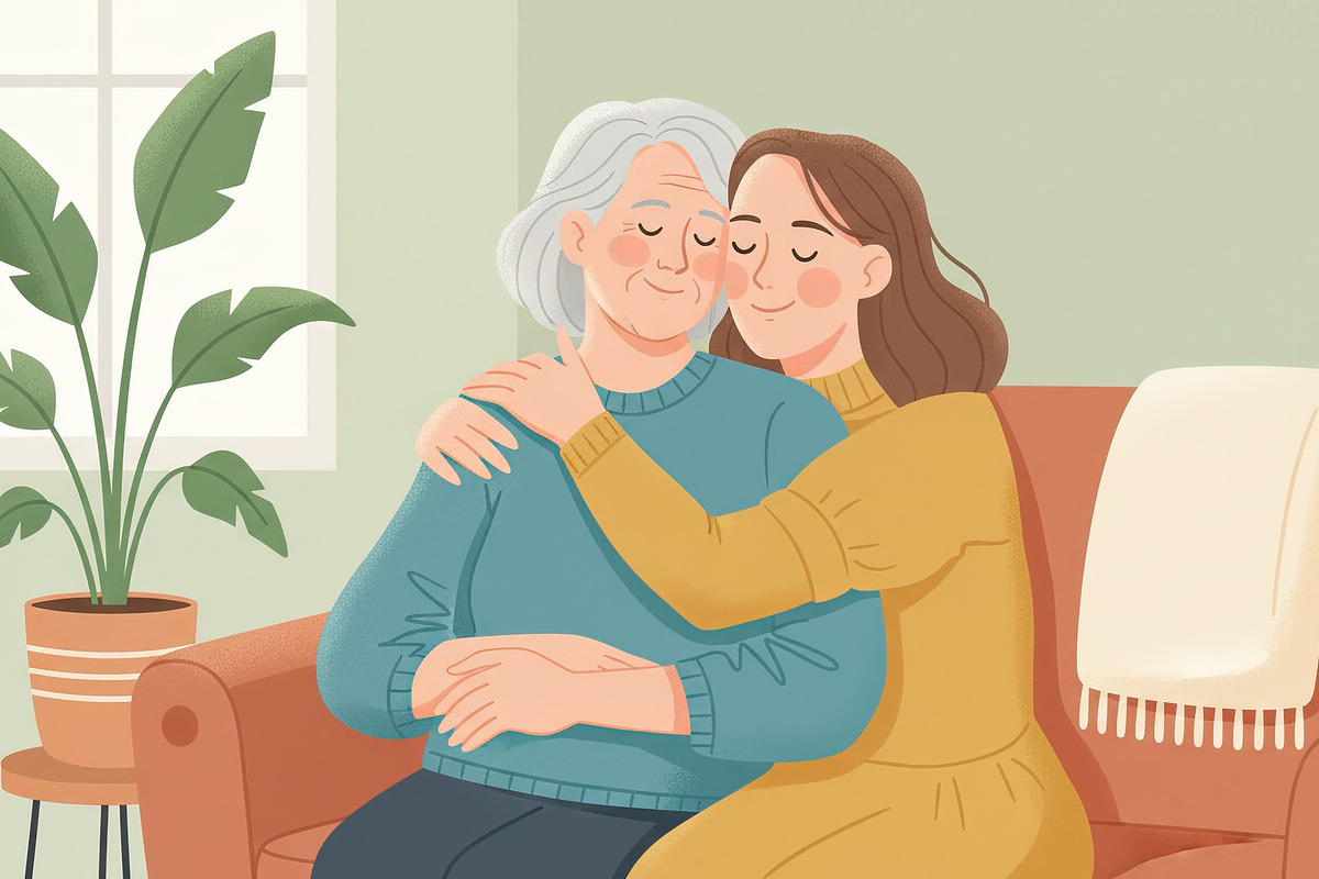 Adult Daughter Hugging Senior Mother, a Person Illustration by Virgo Studio