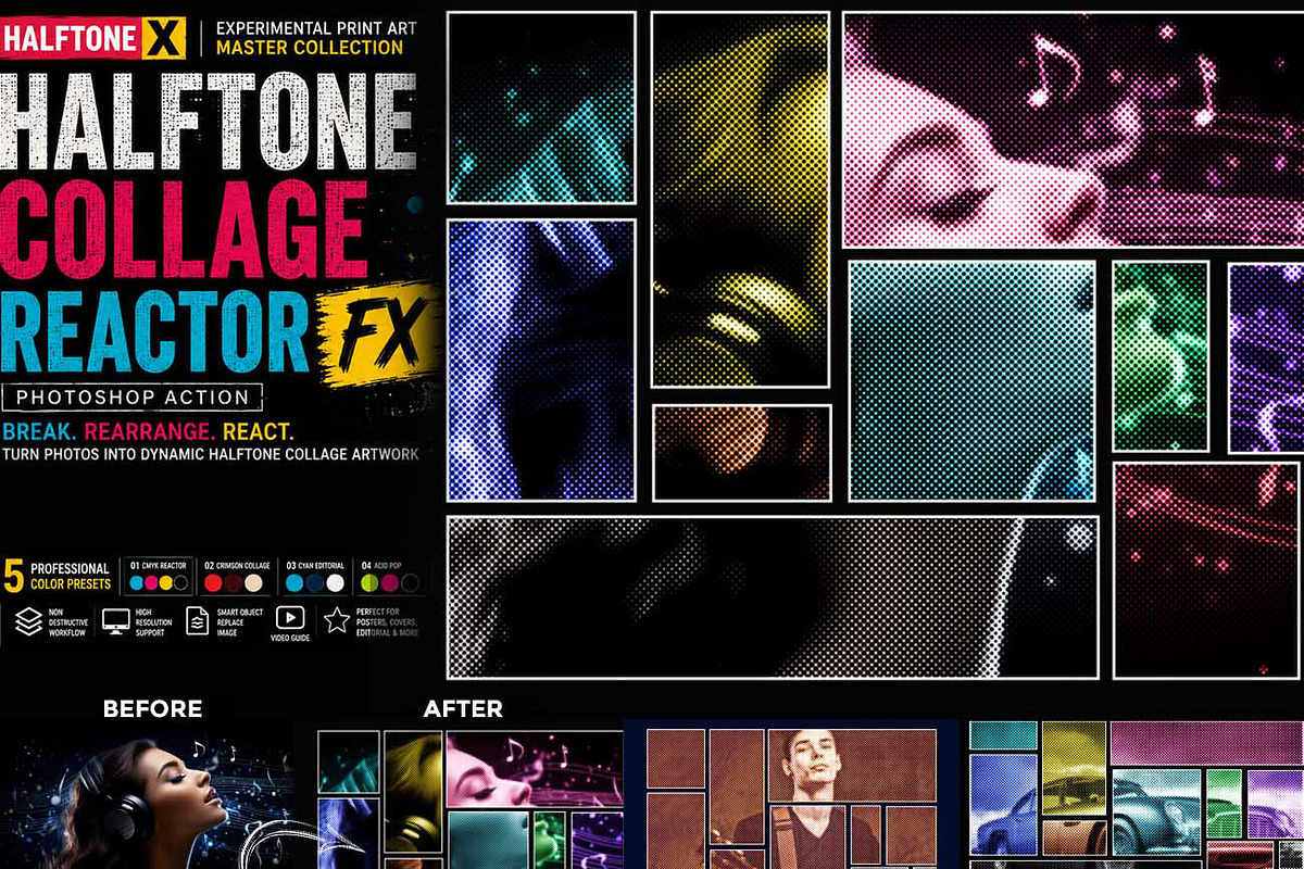 Halftone Collage Reactor FX Action, an Action Add-On by Studio Retouch (Photo 1 of 13)