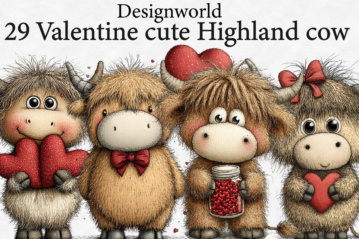 Valentine cute Highland cow clipart, an Illustration by Designworld (Photo 1 of 6)