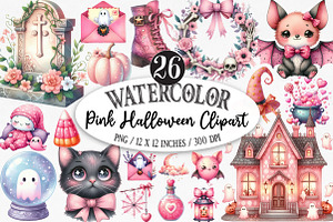 Watercolor Pink Halloween Clipart, an Illustration by Designking