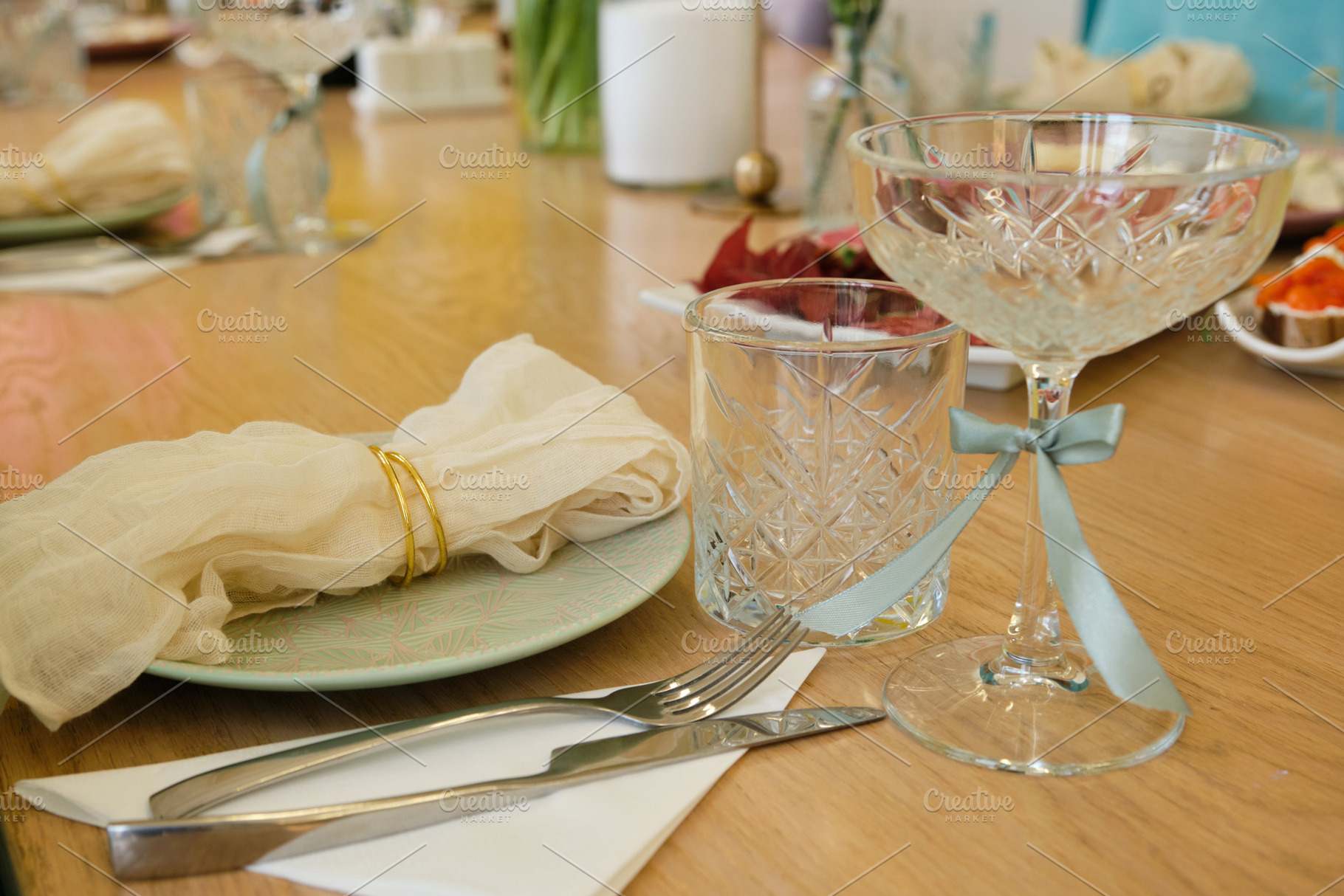 Elegant table setting with crystal glassware, cloth napkin and silver cutlery., a Food & Drink Photo by Rohan Photography