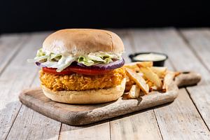 Crispy chicken burger with french fries, a Food & Drink Photo by etorres69