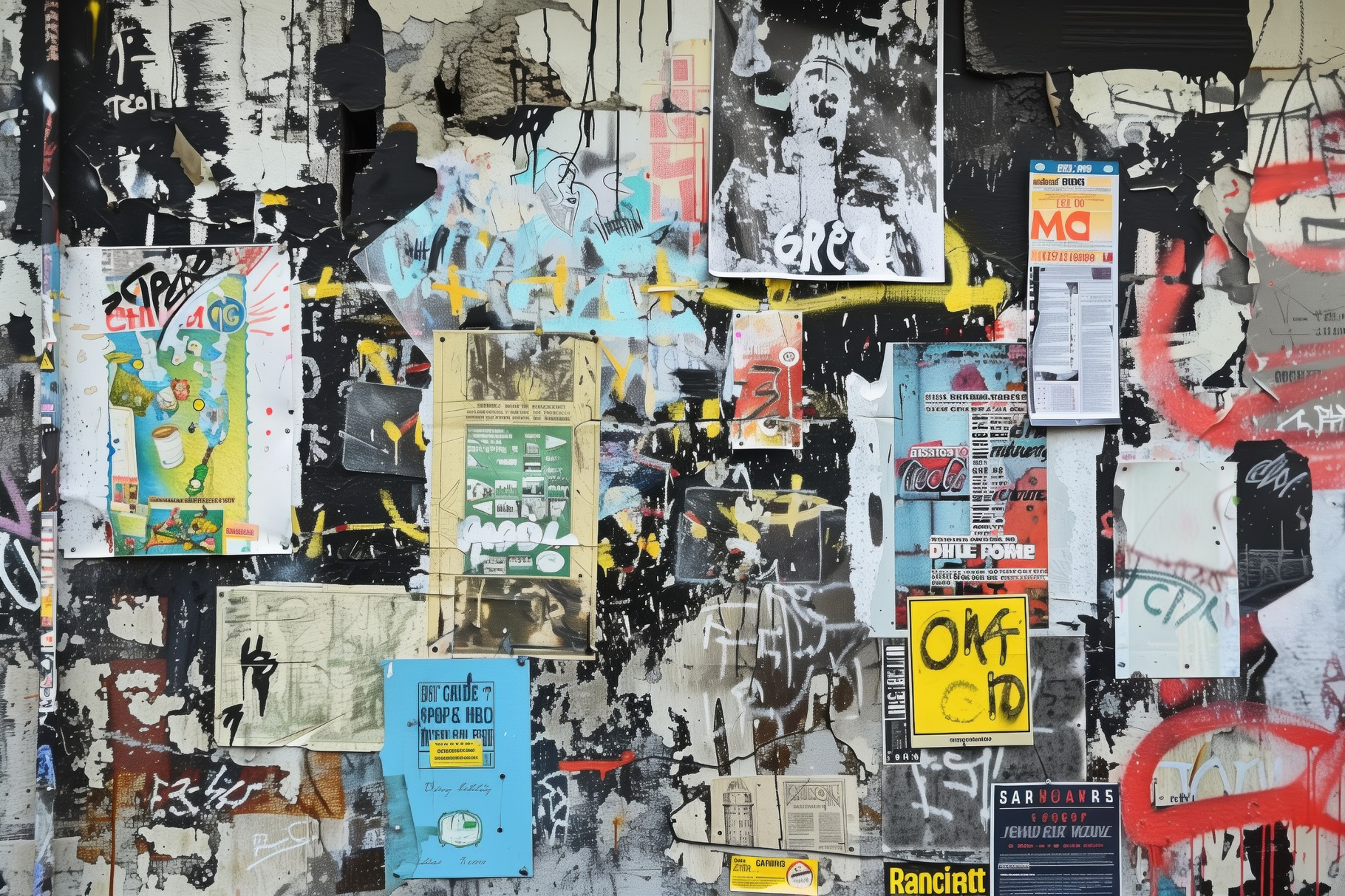 A textured wall covered with various posters, flyers, and graffiti. The ...