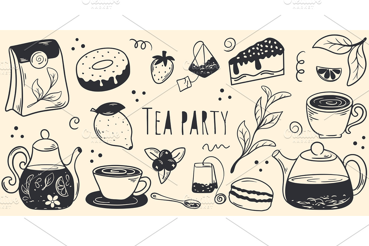 Tea party doodle sketch style, a Food Illustration by Tati_Kli
