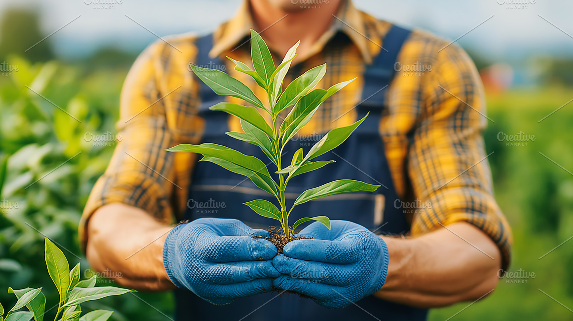 Farmer in blue gloves and a plaid, a Nature Photo by MistyDay