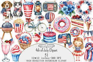 Watercolor 4th of July Clipart, a Seasonal Illustration by Design Market