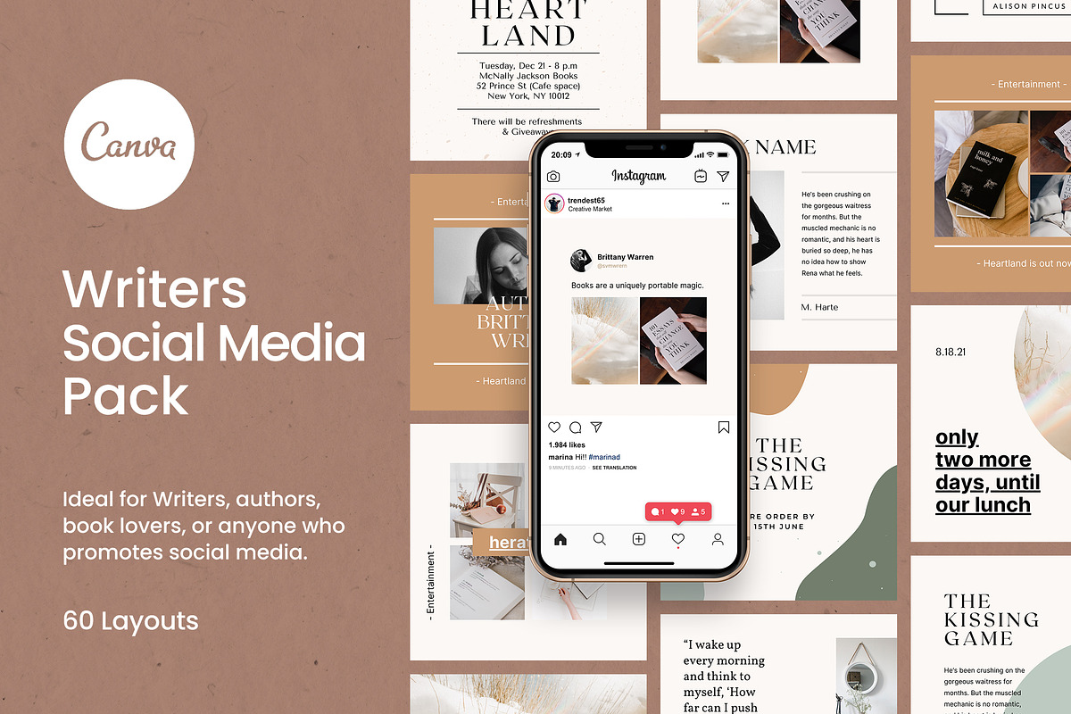 Writers Social Media Pack - Canva, a Social Media Template by Crevo Studio (Photo 1 of 11)