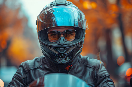 Man Wearing Helmet and Leather Jacket on Motorcycle in Autumn Setting, a Photo by AS photostudio