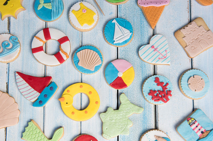 Butter cookies and summer decoration featuring above, background, and baked