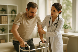 Female doctor assisting a man with a, a Health & Medical Photo by Sergey Kotenev