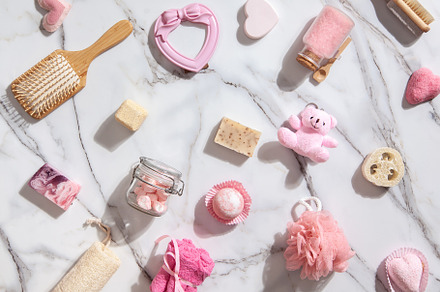 Homemade bath supplies, marshmallow sweets and other gifts in pi