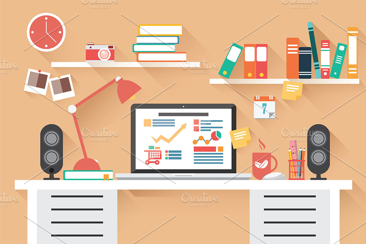 Flat Design Office Desk 02, a Work Illustration by Blue Lela Design