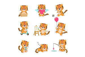Cartoon tigers. Funny tiger drink, an Animal Illustration by Valerie Bodnar