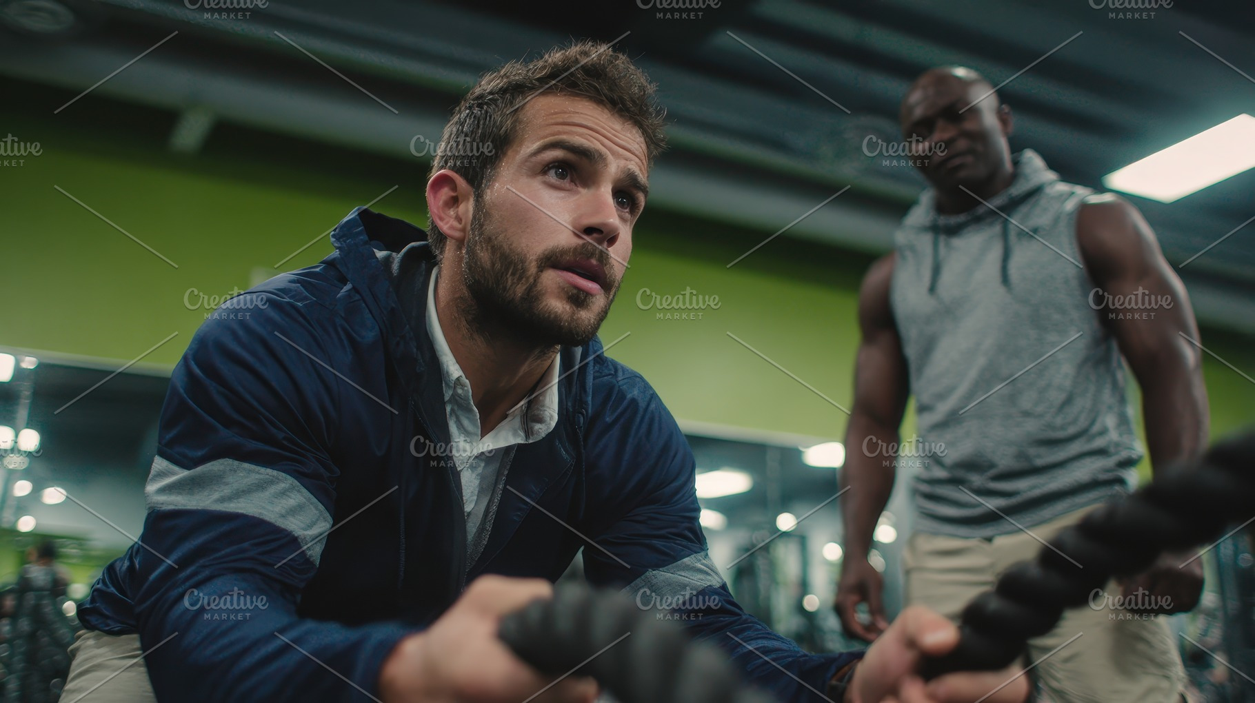 Man exercising with battle ropes gym, a Photo by Pixeness Studio