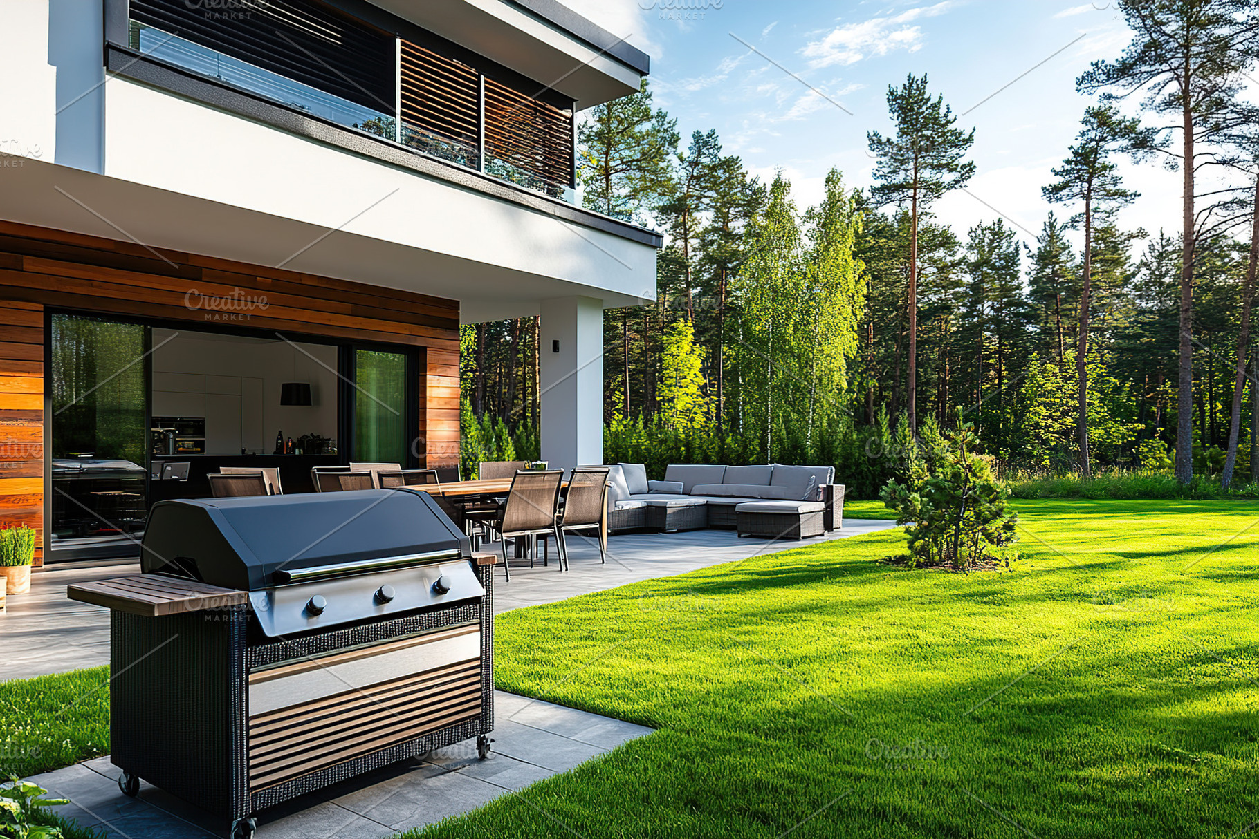 Backyard barbecue area with modern grill and spacious seating in serene outdoor, an Architecture Photo by AlyaAnd
