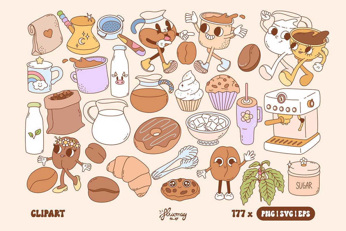 Retro Groovy Coffee Clipart Bundle, a Food Illustration by Huxmay (Photo 6 of 9)