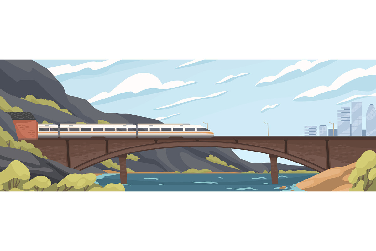Railway bridge with train landscape, a Transportation Illustration by Good Studio (Photo 1 of 3)