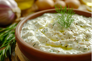 Creamy tzatziki sauce with fresh, a Food & Drink Photo by Lermont51