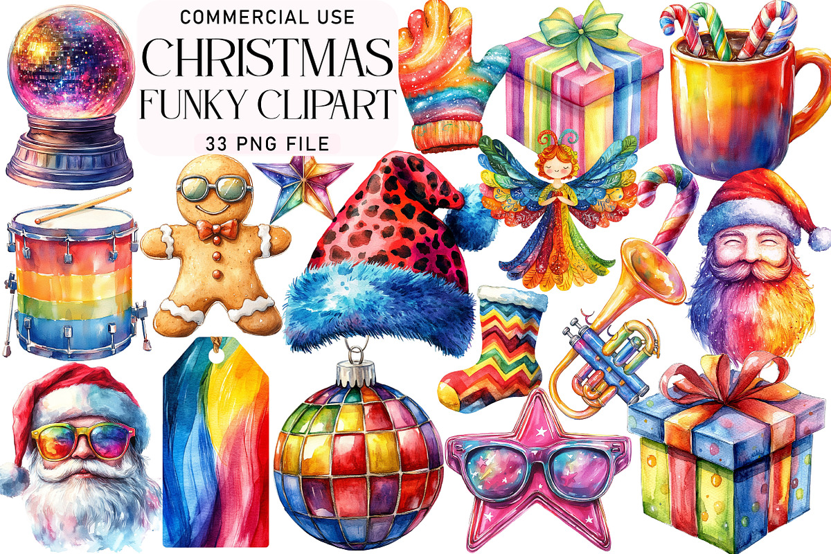 Watercolor Funky Christmas Clipart, an Illustration by Daily.Designs (Photo 1 of 5)