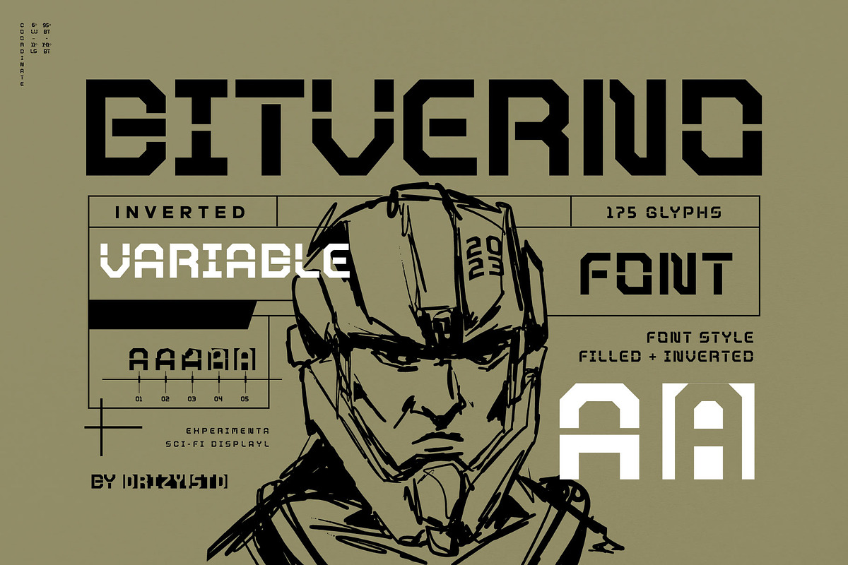 Bitverno - Experimental Sci-fi Font, a Sans Serif Font by Drizy (Photo 1 of 9)