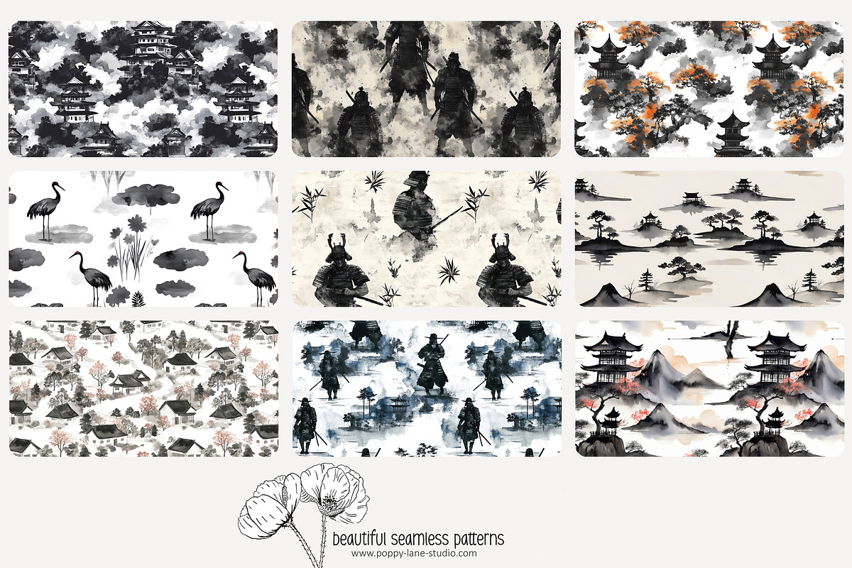 70 Asian ink wash seamless pattern, a Pattern Graphic by Poppy Lane Studio (Photo 4 of 10)