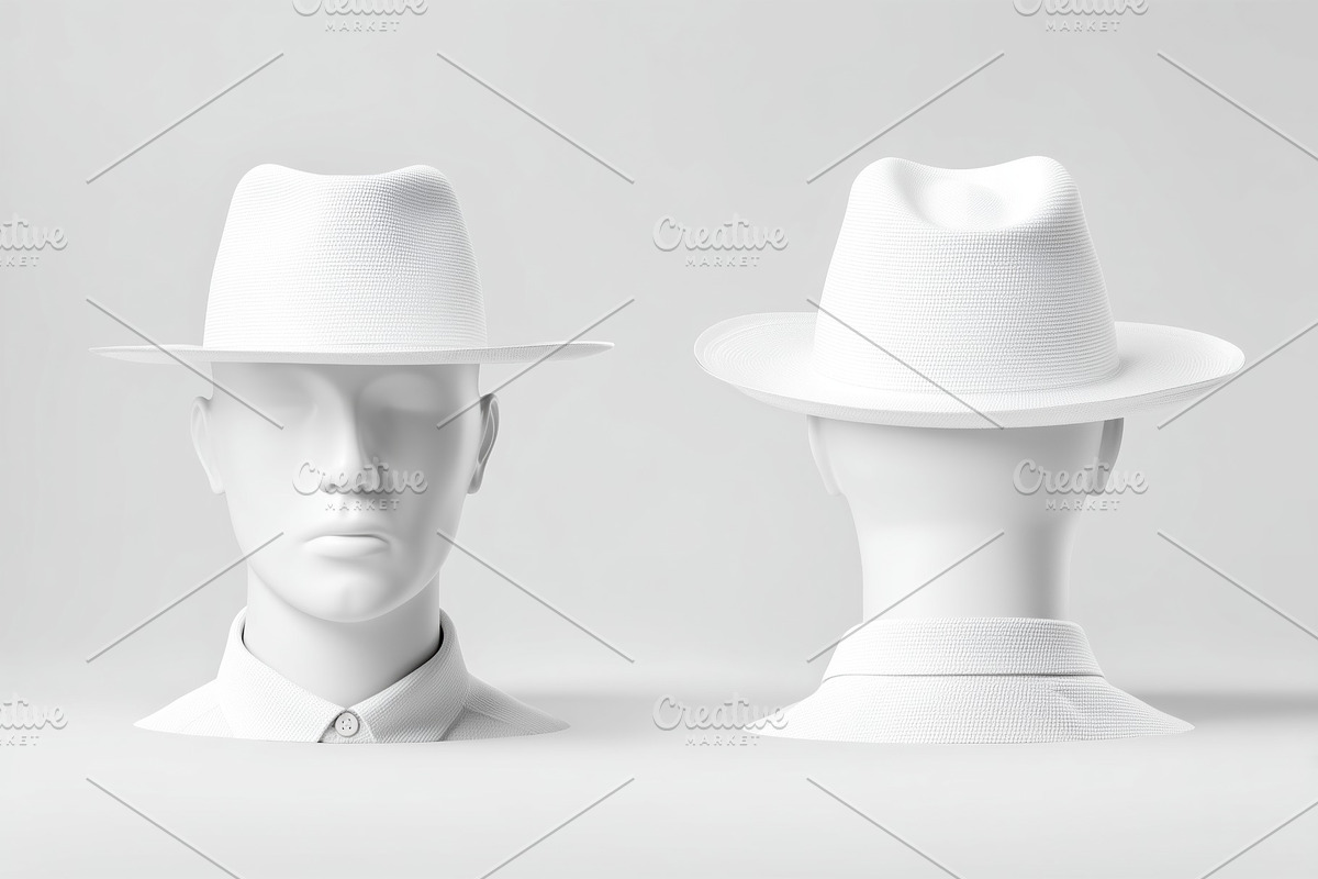 A minimalist display of a white hat mockup on a mannequin, showcasing front and, a Hat Mockup by Textures & Backgrounds