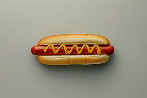 Hot dog with ketchup and mustard on grey background, a Food & Drink Photo by AlyaAnd