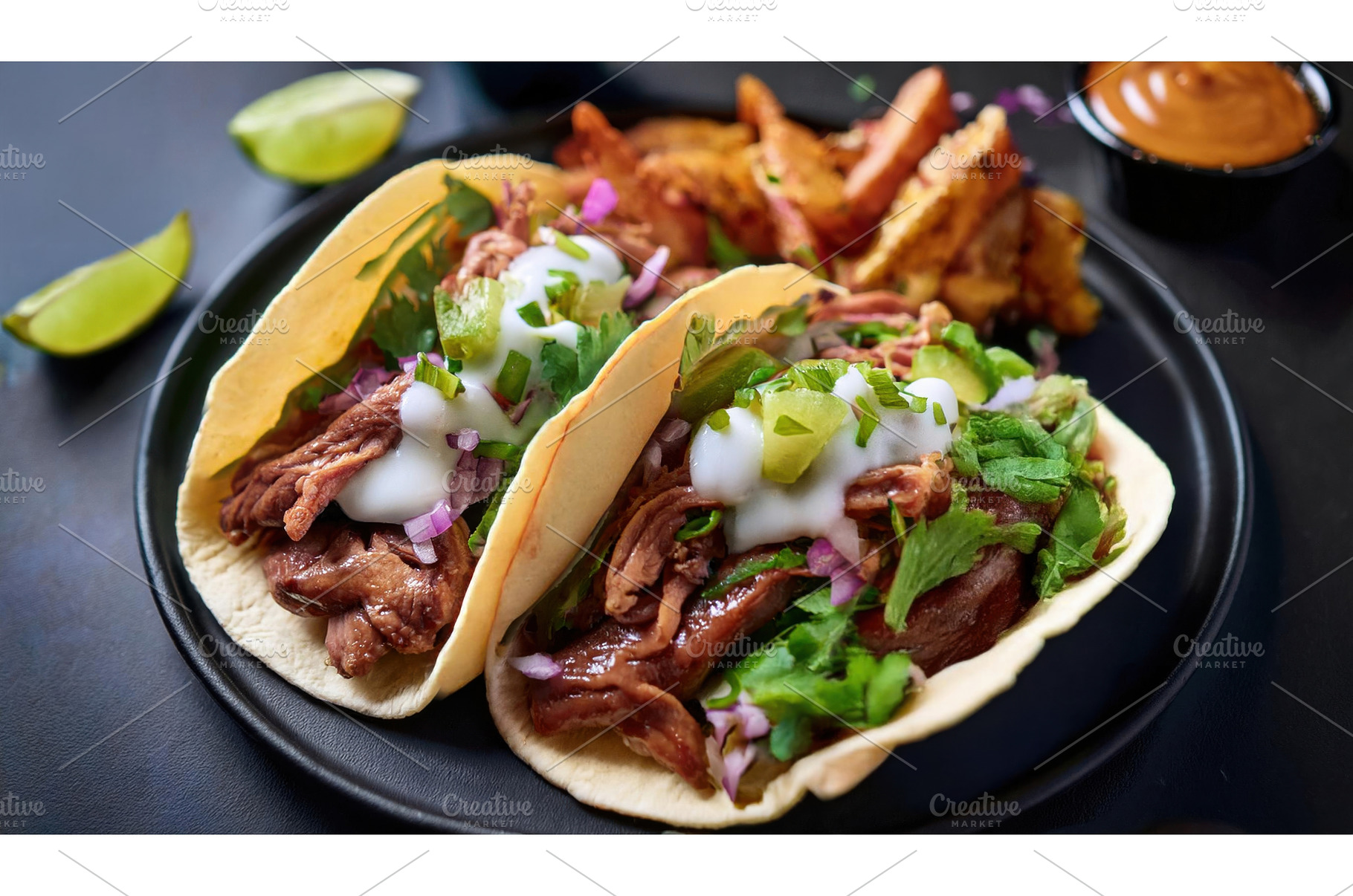 Two fresh tacos filled with shredded, a Food & Drink Photo by Igor Tichonow