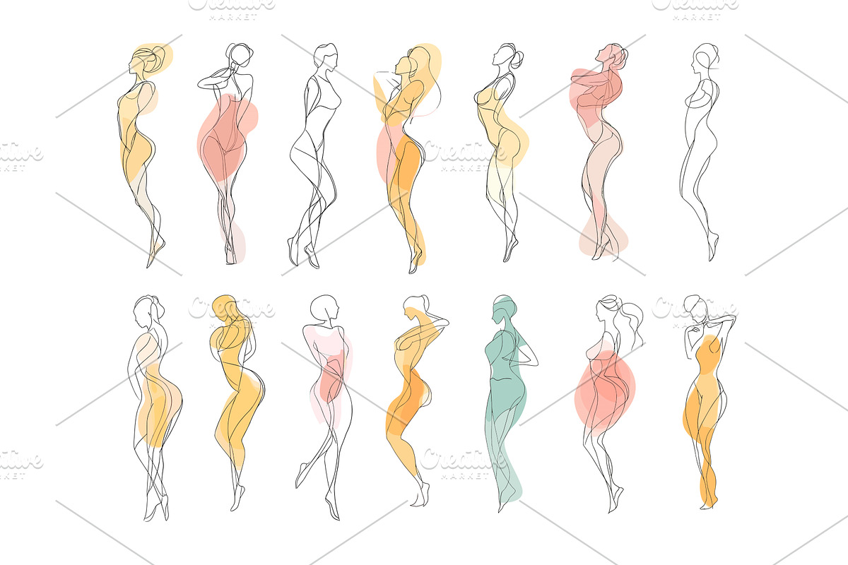 Female figures dynamic poses linear, an Illustration by Onyx