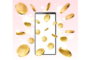 Coins fly out of cell phone screen, a Finance Illustration by Vectorbuum
