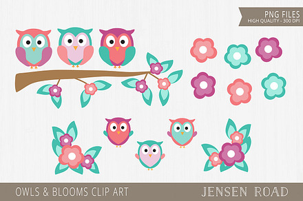 Owls & Blooms Clip Art