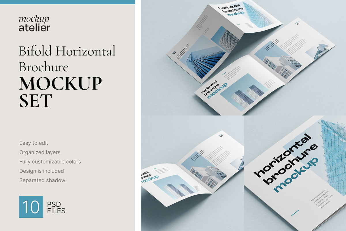 Bifold Horizontal Brochure Mockup, a Print Template by mockupatelier (Photo 1 of 13)