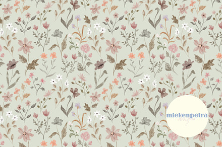 Mint Watercolor Wildflowers Pattern, a Pattern Graphic by Mieken Petra Designs