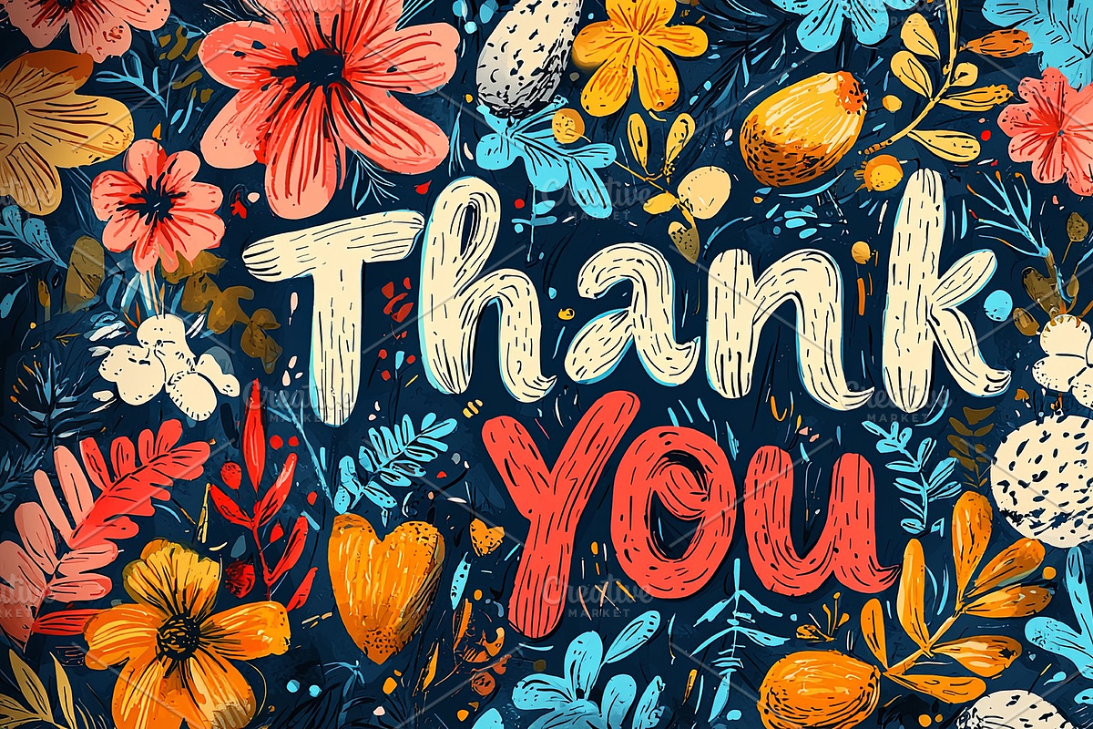 Colorful thank you lettering with floral background illustration, an Illustration by AS photostudio