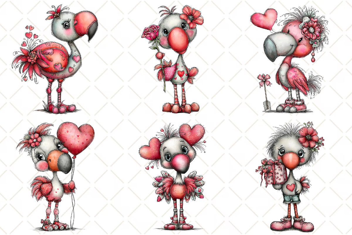Whimsical Valentine Flamingo Clipart, an Illustration by Black Bird Studio (Photo 6 of 6)
