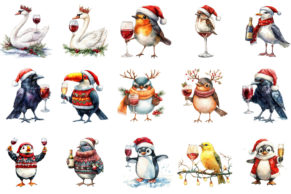Christmas Funny Bird with Wine, an Illustration by DreamArtGraphic (Photo 3 of 5)