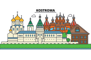 Russia, Kostroma. City Skyline, Architecture, Buildings, Streets, Silhouette, Landscape, Panorama, Landmarks. Editable Strokes. Flat Design Line Vecto