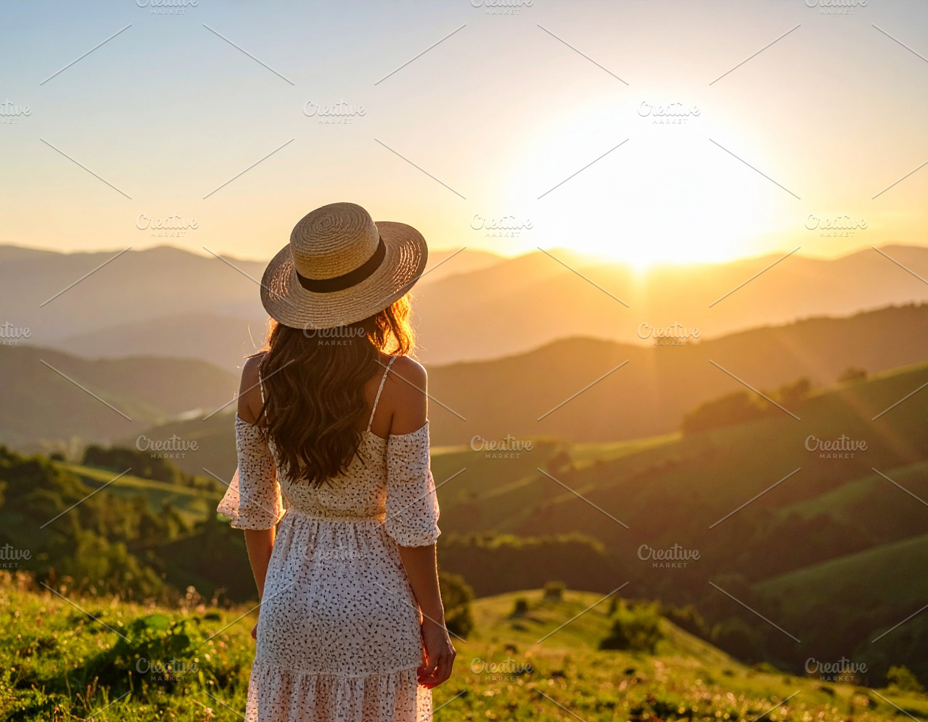 Woman watching the sunrise over the mountains, a Person Photo by DanFLCreativo