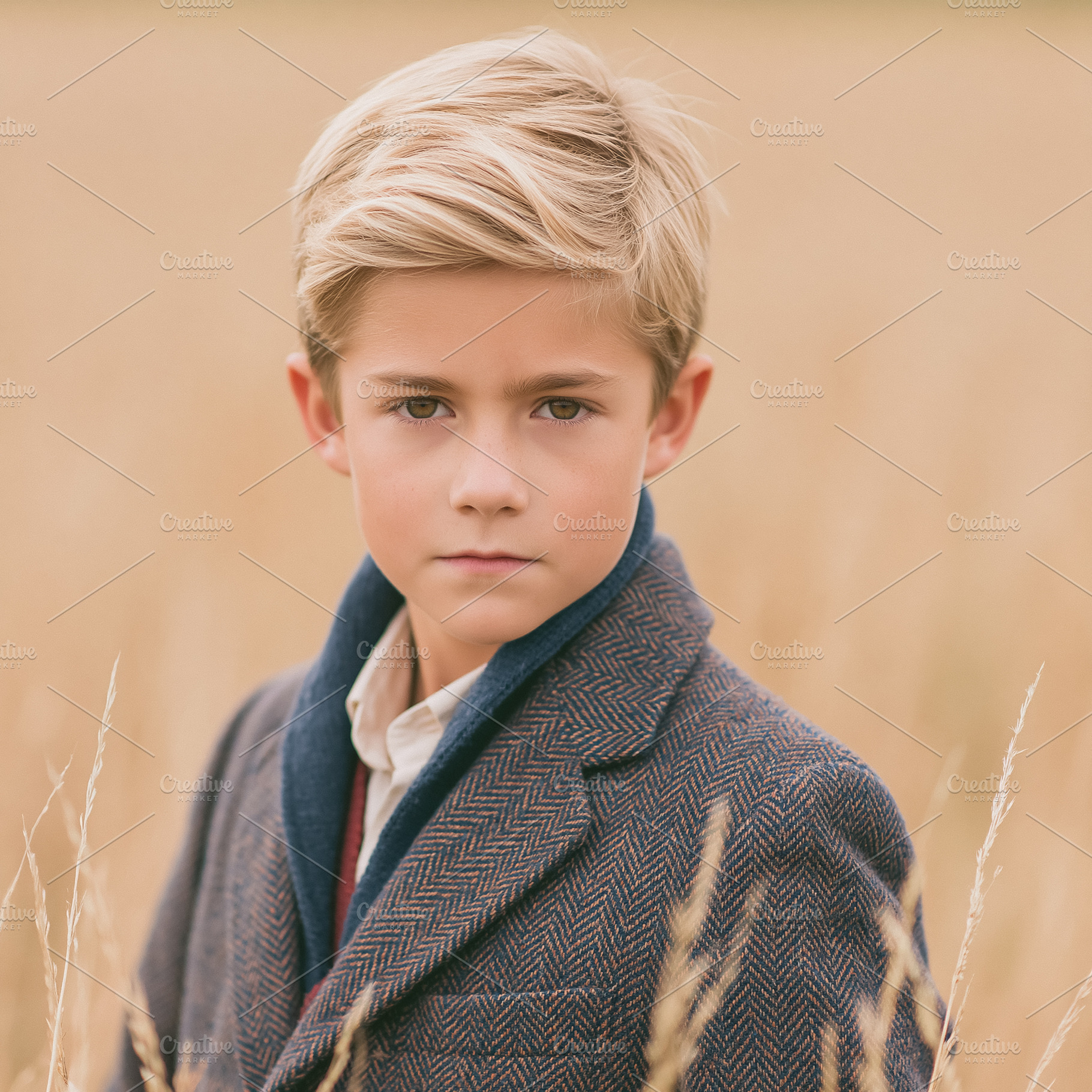 Young boy in tweed coat standing in a golden autumn field portra, a Photo by Studio ANNA