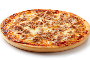 Tuna pizza showing a baked dough base topped with savory tomato,, a Photo by Studio ANNA
