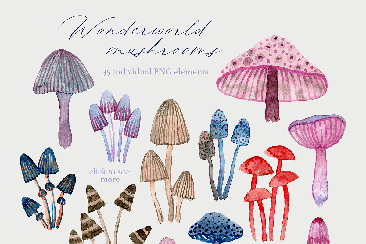 Wonderland watercolor mushrooms, a Decorative Illustration by alenaganzhela (Photo 5 of 9)