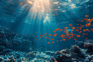 Vibrant Underwater Scene with Sunrays and Tropical Fish Over Coral Reef, a Photo by AS photostudio