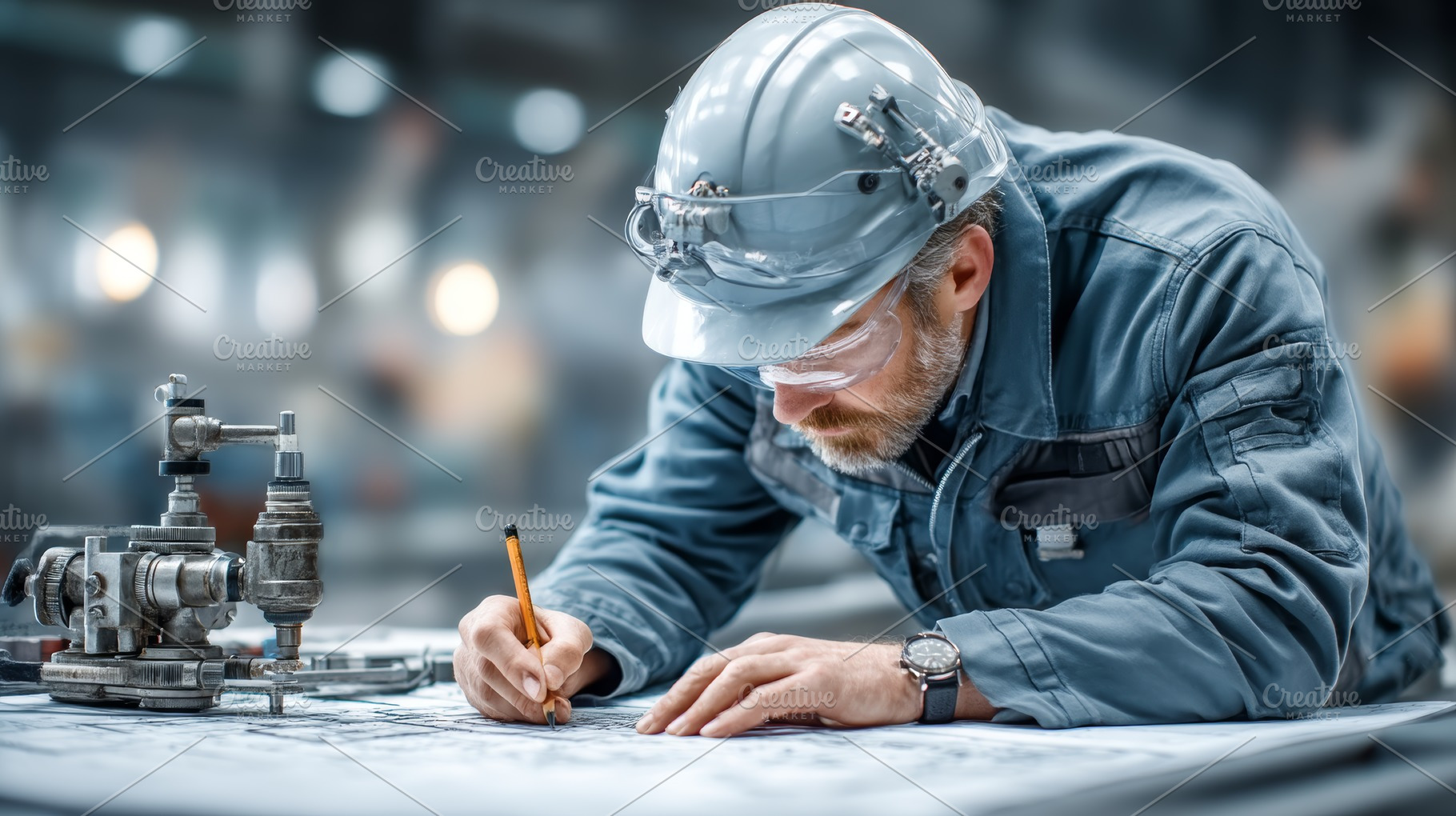 Engineer designing plans in industrial setting wearing safety gear and focused, an Industrial Photo by AS photostudio