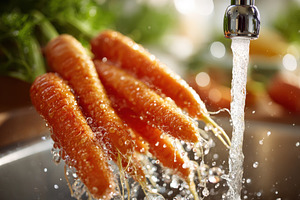 Fresh carrots being washed under water, a Food & Drink Photo by AlyaAnd
