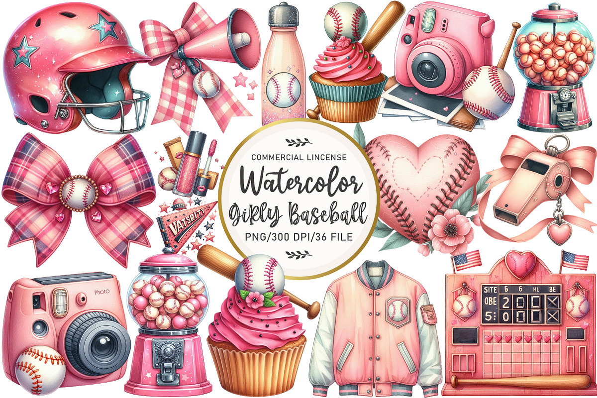 Retro Girly Baseball Clipart, an Illustration by OK Design (Photo 1 of 5)