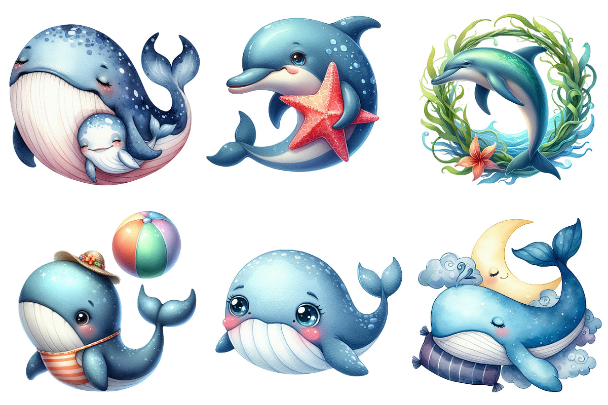 Cute Whale and Dolphin Clipart, an Illustration by Pixels.Craft (Photo 2 of 9)
