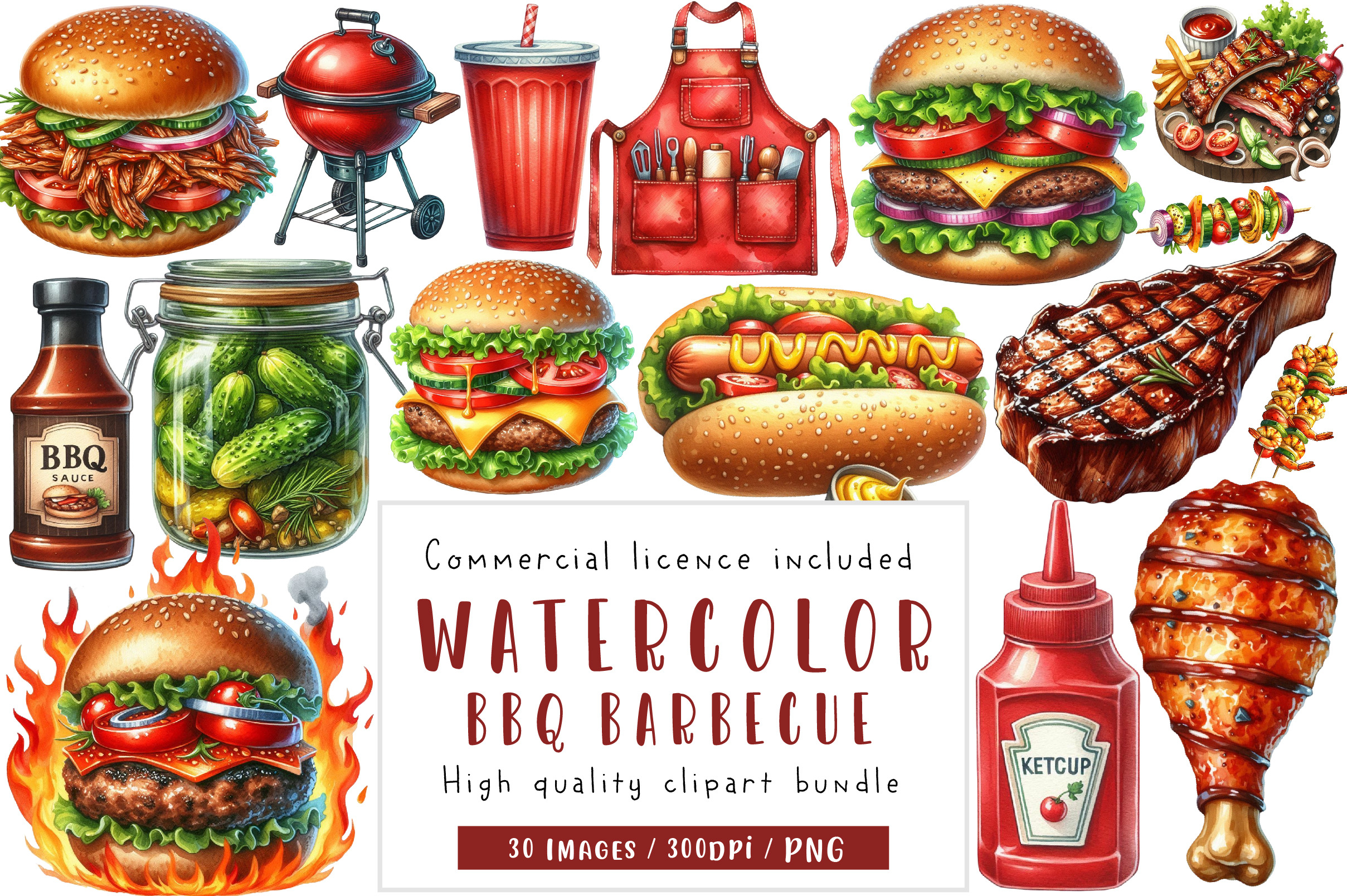 Watercolor Bbq Barbecue Clipart, an Illustration by CreationArt