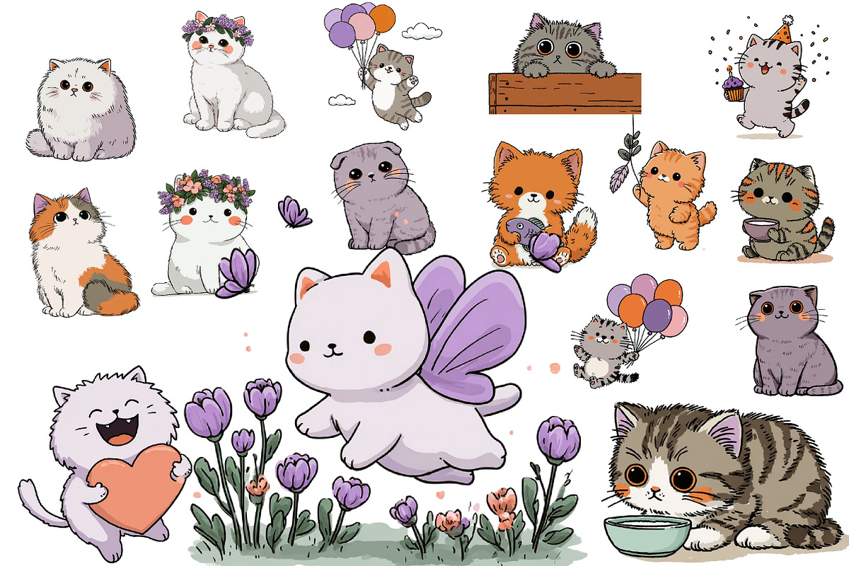 Cute Cats Clipart, a Seasonal Illustration by CreationArt (Photo 2 of 5)