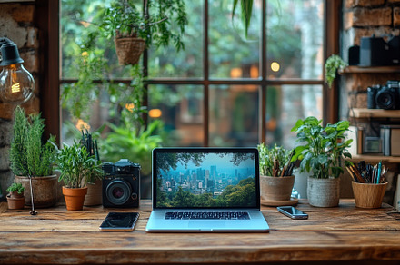Cozy workspace with a laptop, camera, a Photo by Tanuart
